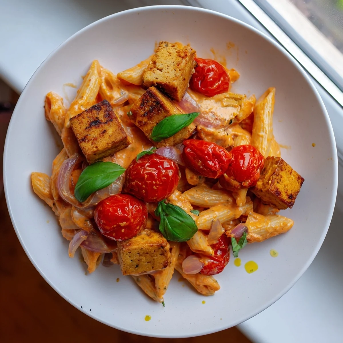 Golden baked tofu feta mingling with bursting tomatoes in this Vegan Baked Tofu Feta Pasta dish.