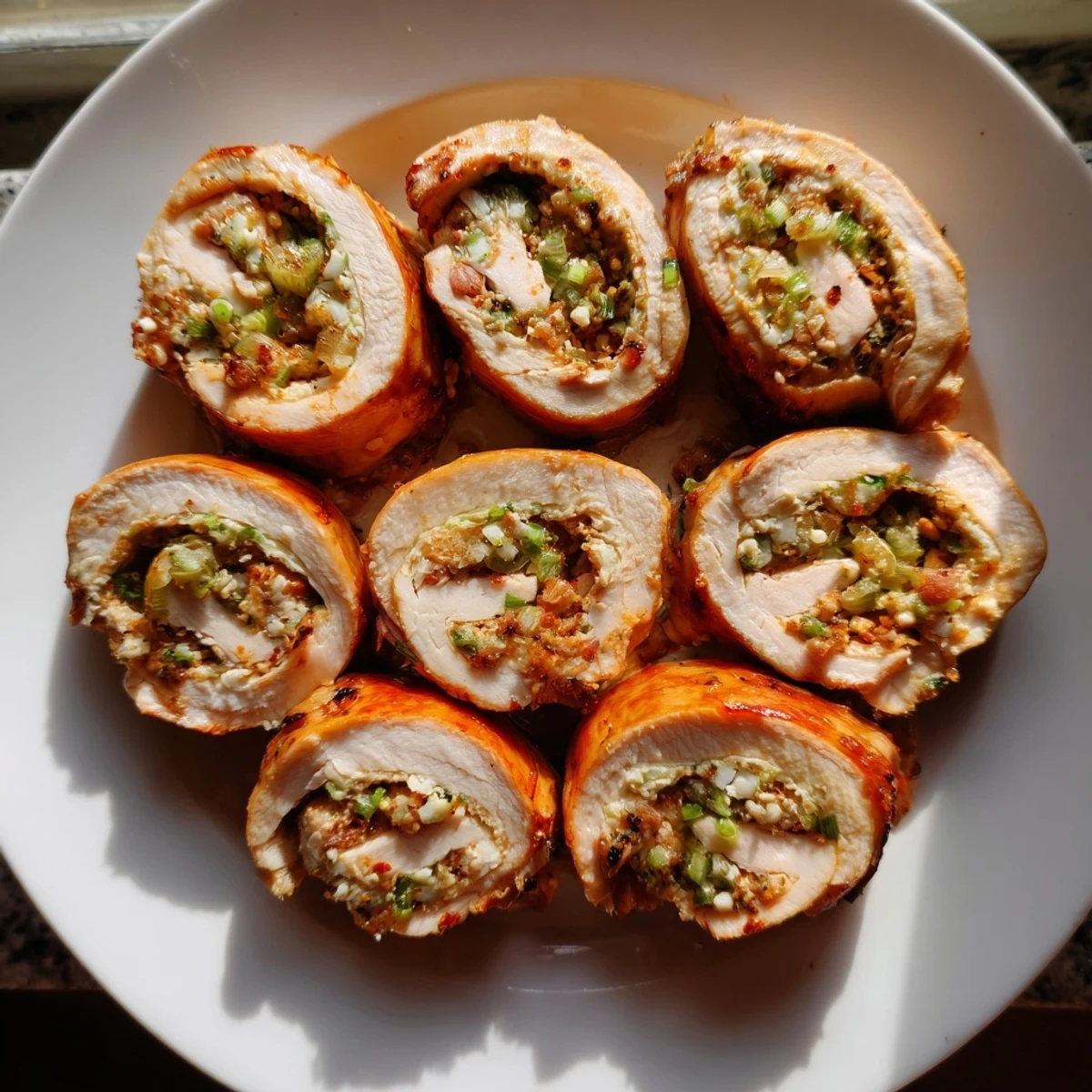 Golden-brown Marry Me Chicken and Stuffing Roulades, a creamy, savory delight with herbed stuffing.