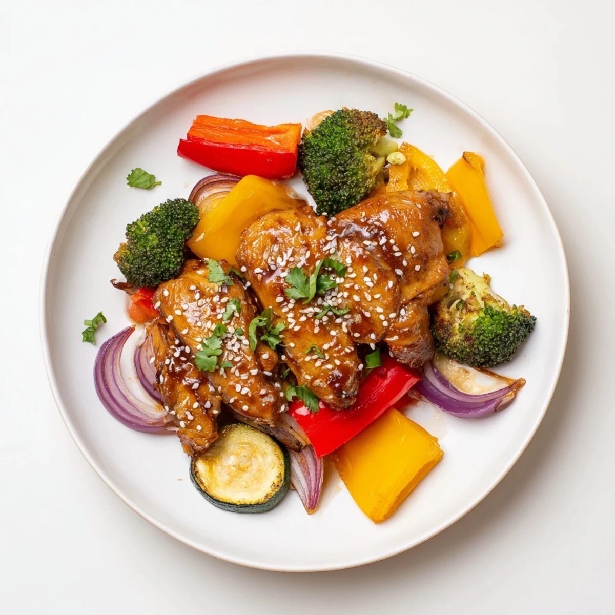 Golden-brown Spicy Honey-Garlic Chicken Sheet Pan, sizzling with roasted vegetables on a baking sheet.