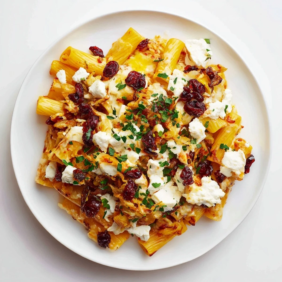 Golden, bubbly image of Cranberry-Sage Feta Pasta Bake, perfect for a cozy, comforting dinner.