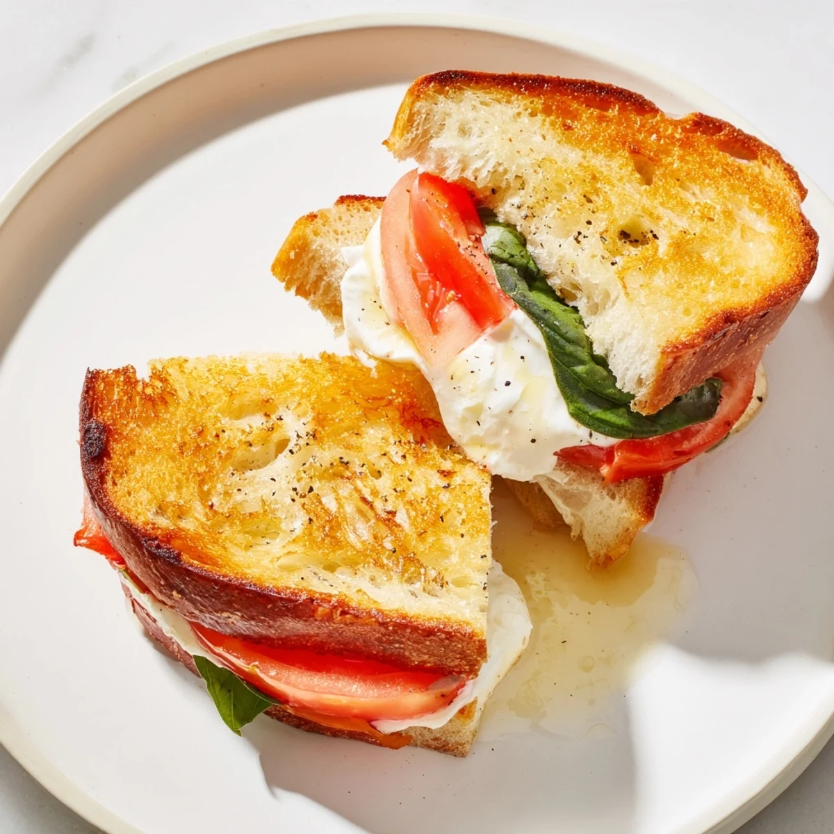 Buttery sourdough, crisped and grilled, showcases the delicious Tomato Basil Burrata Stuffed Grilled Cheese.