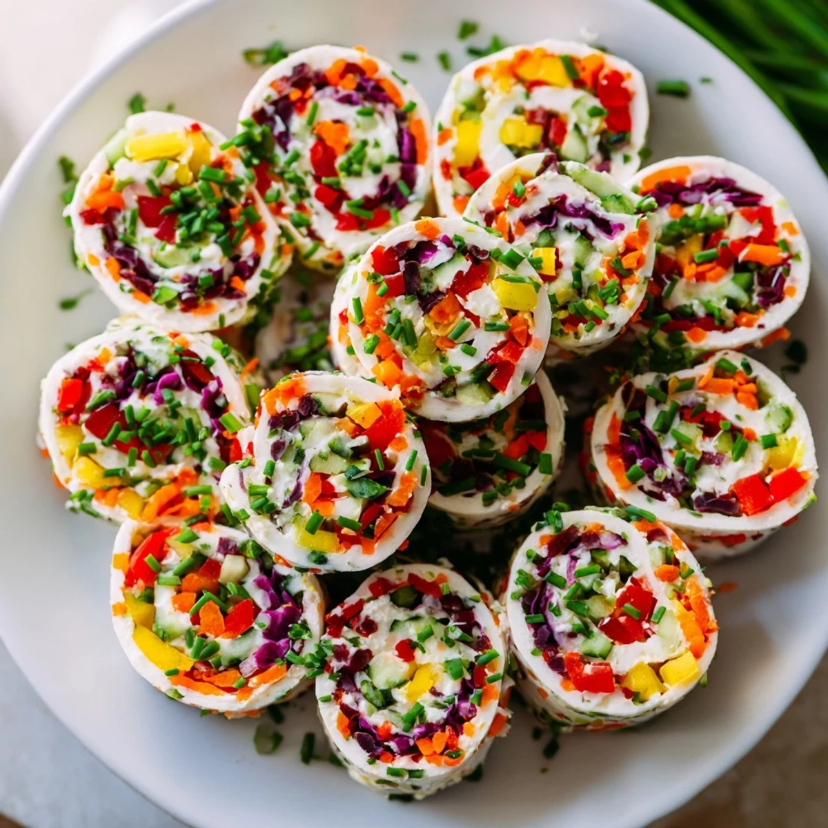 Fresh from the fridge, sliced Rainbow Veggie Christmas Lights Wrap Pinwheels displaying a colorful Christmas light appearance.