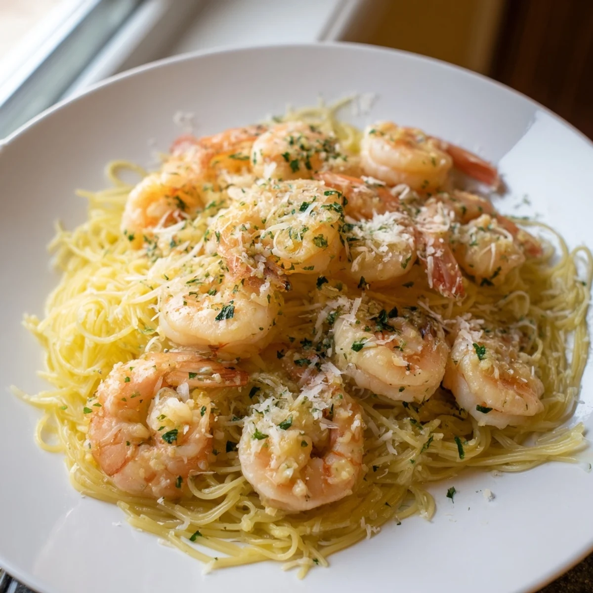 One-Skillet Lemon Garlic Shrimp Angel Hair Pasta: a delicious close-up view of the finished dish with herbs.