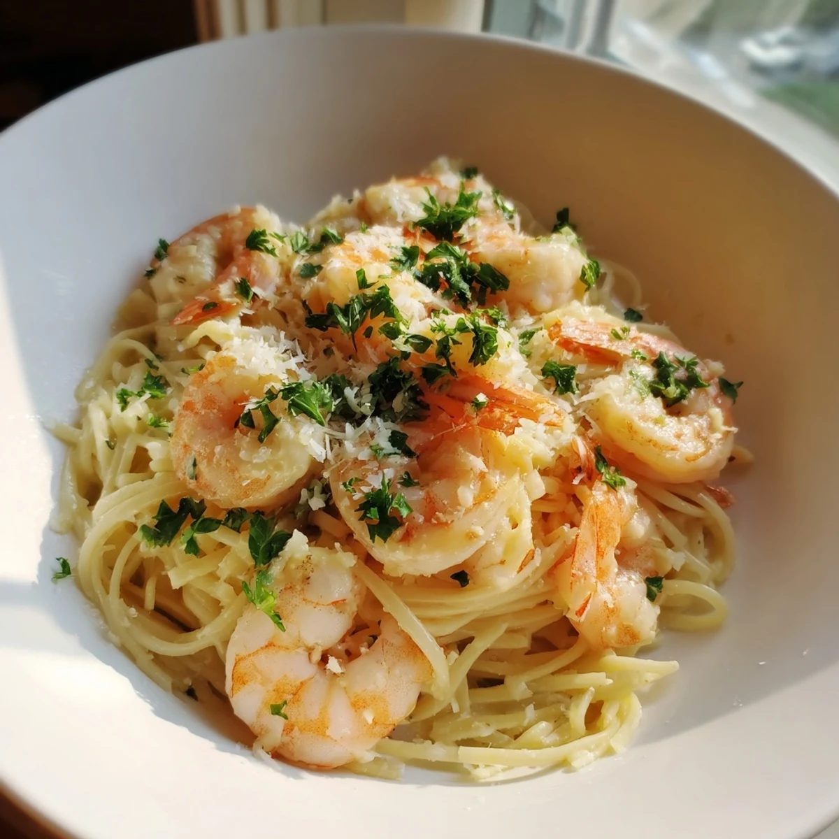Golden angel hair pasta with shrimp, bathed in lemon garlic sauce, One-Skillet Lemon Garlic Shrimp.