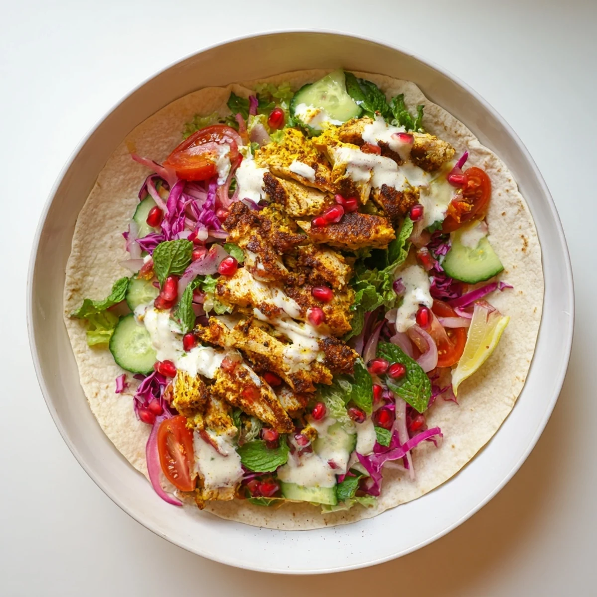 Tender grilled Greek Yogurt Chicken Shawarma with vibrant vegetables, ready to be rolled for a satisfying lunch.
