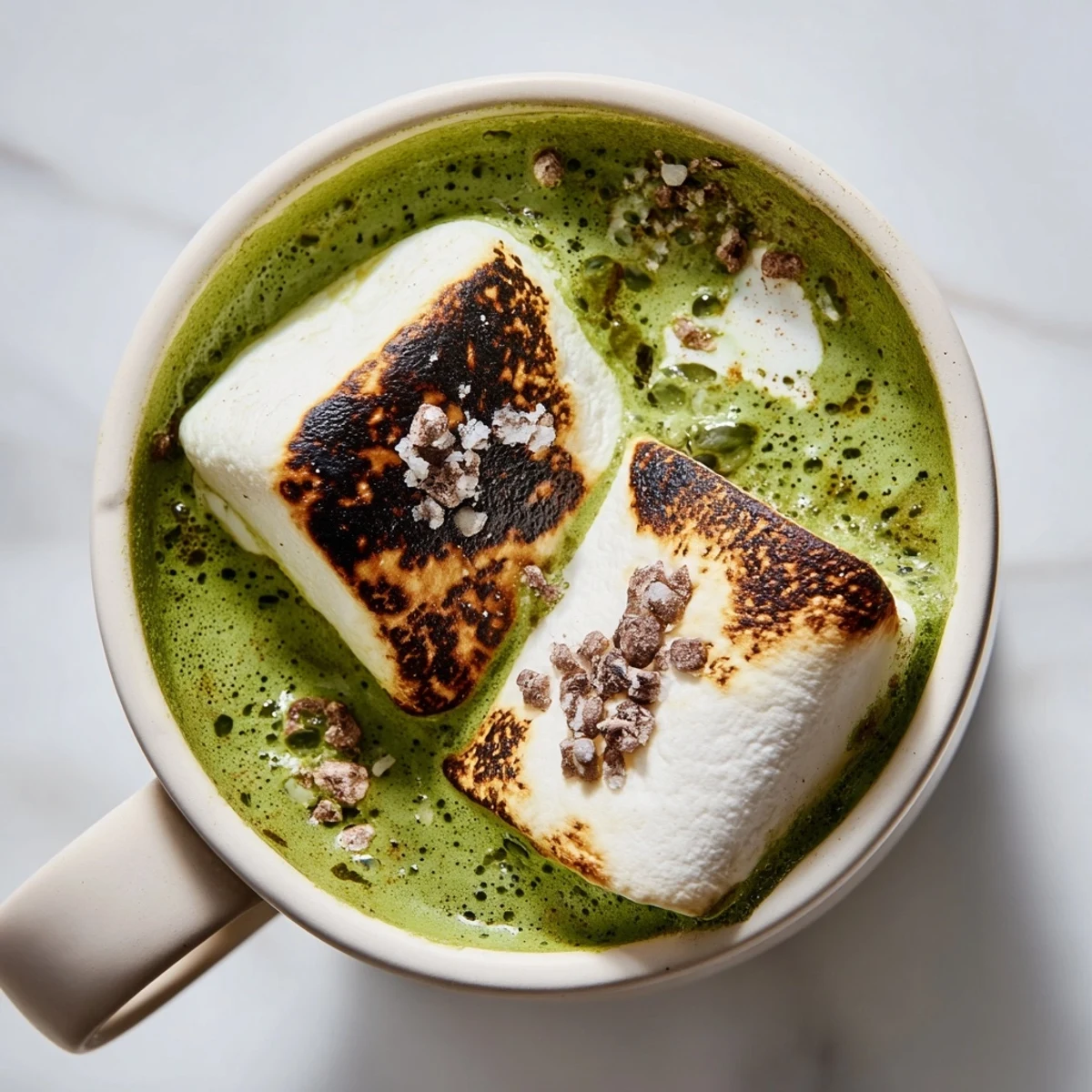 Steaming mug of Toasted Marshmallow Campfire Matcha Hot Cocoa, topped with charred, golden marshmallows.