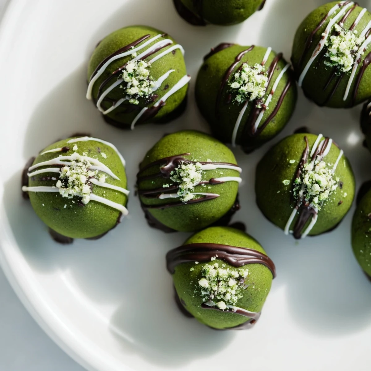 Deep green Matcha Dark Chocolate Peppermint Truffles, a luxurious dessert with a dark chocolate ganache.