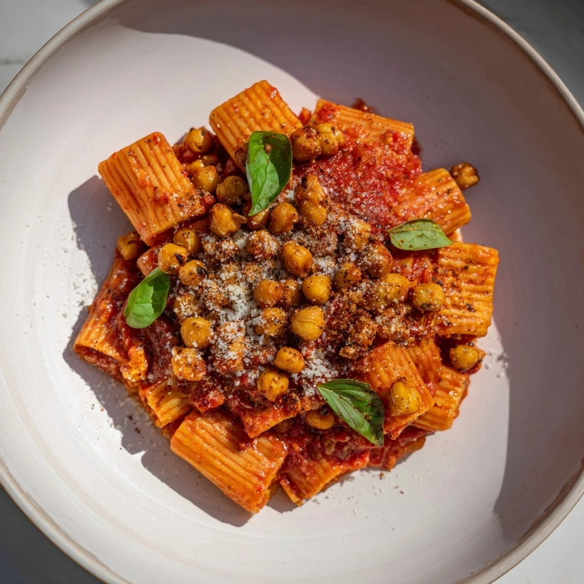 Enjoy a steaming bowl of spicy Arrabbiata Roasted Chickpea Crunch Pasta, topped with Parmesan and fresh basil.