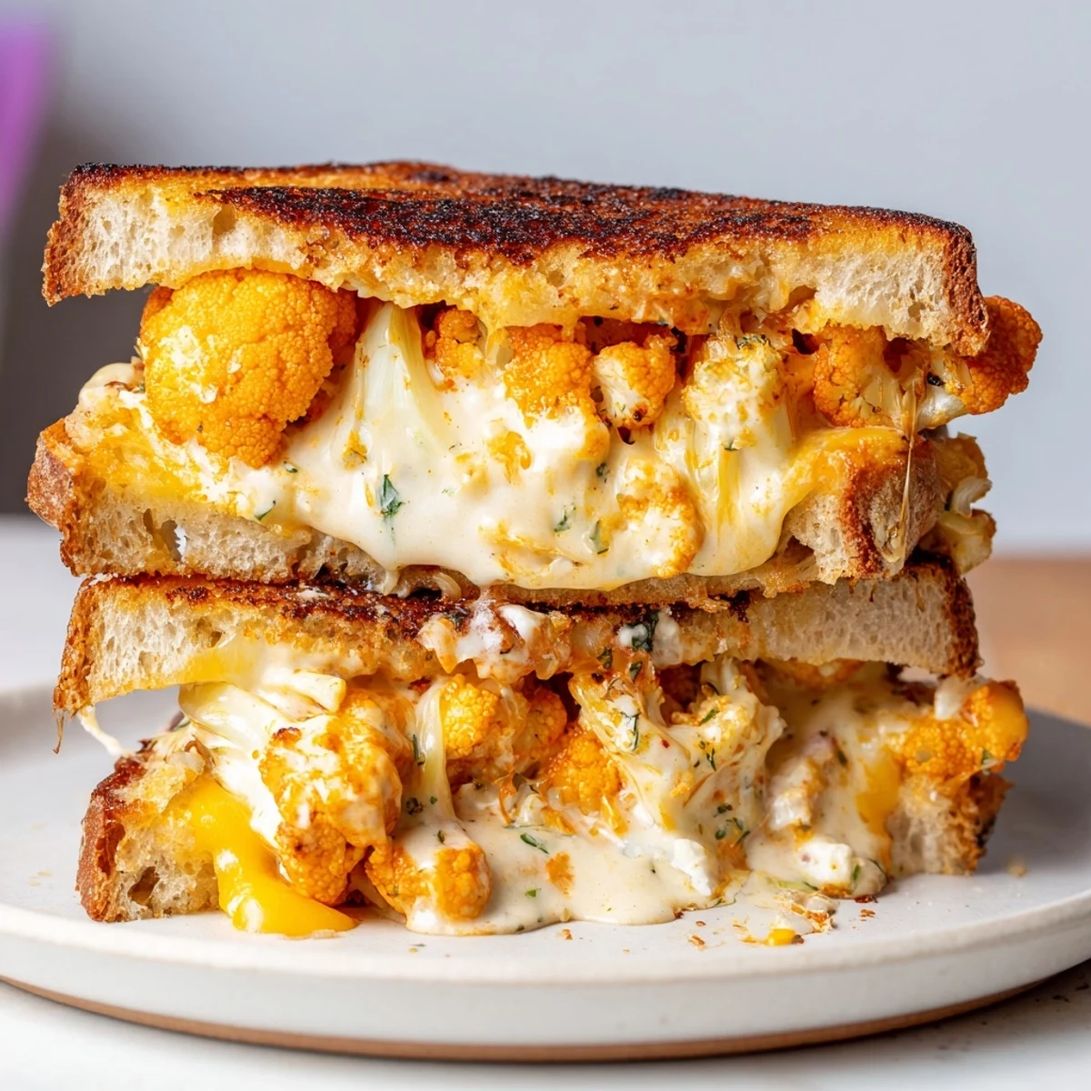 Spicy roasted Buffalo Cauliflower, cheddar, and mozzarella make this a flavorful grilled cheese.