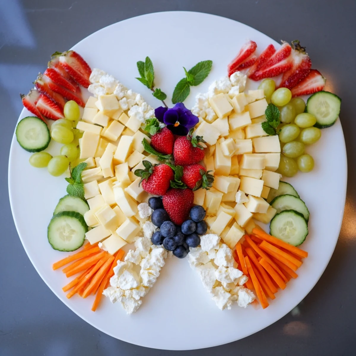 Butterfly Summer Board: A visually stunning summer grazing board with colorful fruits, cheese, and flowers.