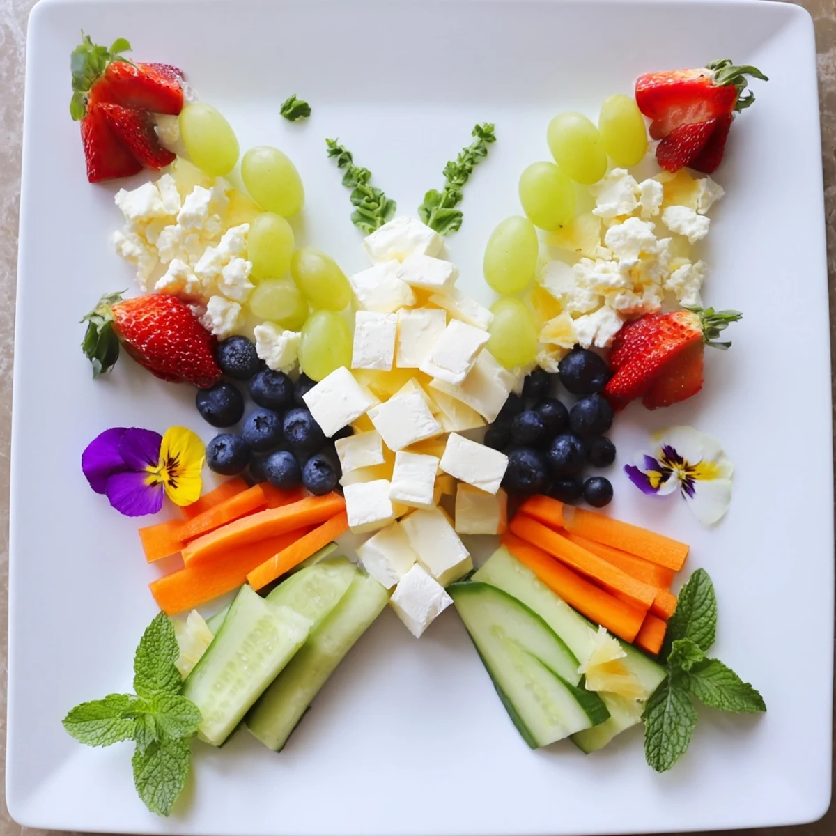 Vibrant Butterfly Summer Board overflowing with fresh fruits, cheeses, and edible flowers arranged artfully.