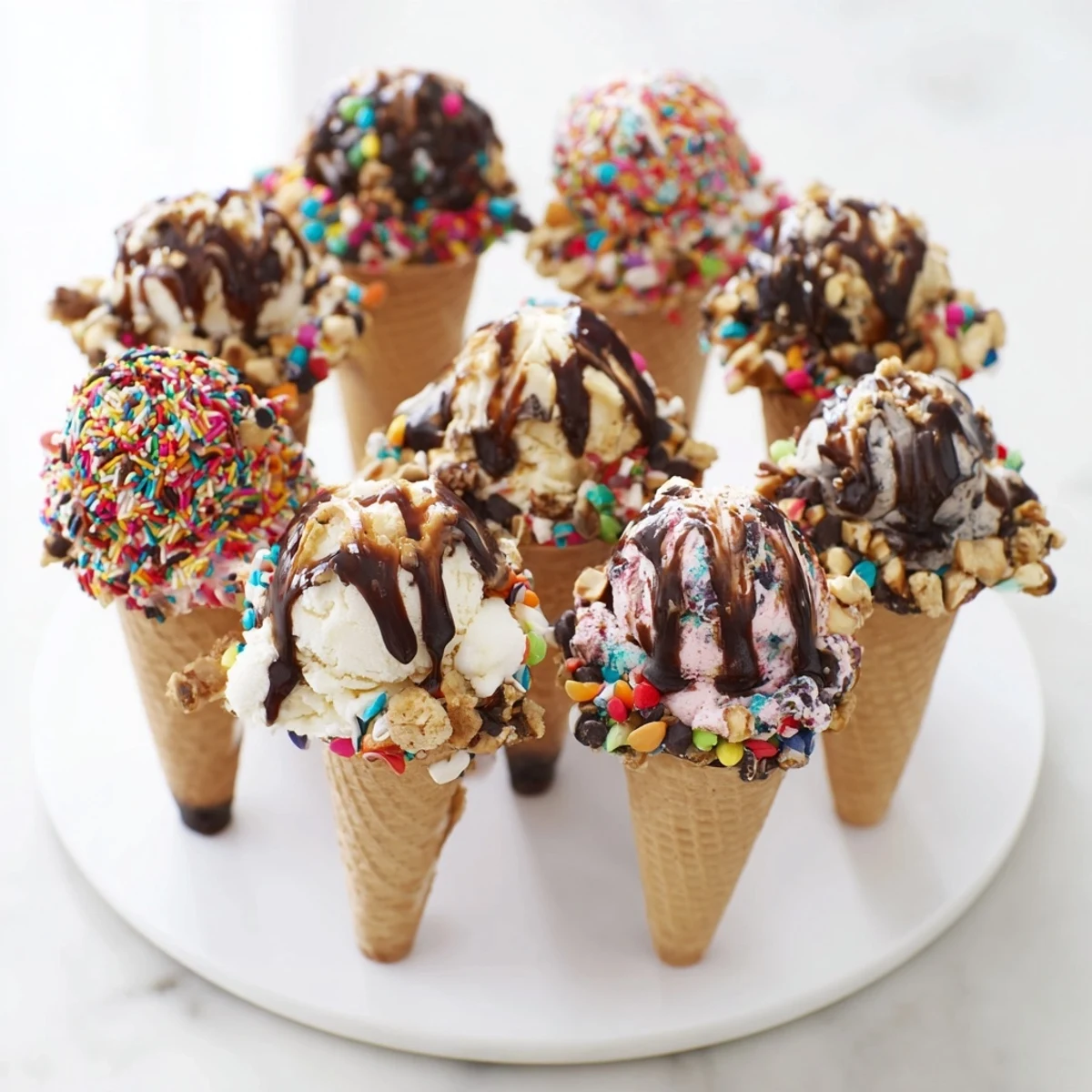 Colorful ice cream cone grazing board overflowing with treats, perfect for a fun dessert party.