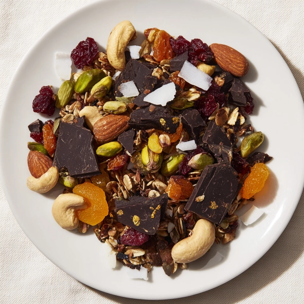 A close-up of the Mountain High Adventure Snack Mix with a mix of nuts, fruits, and chocolate.