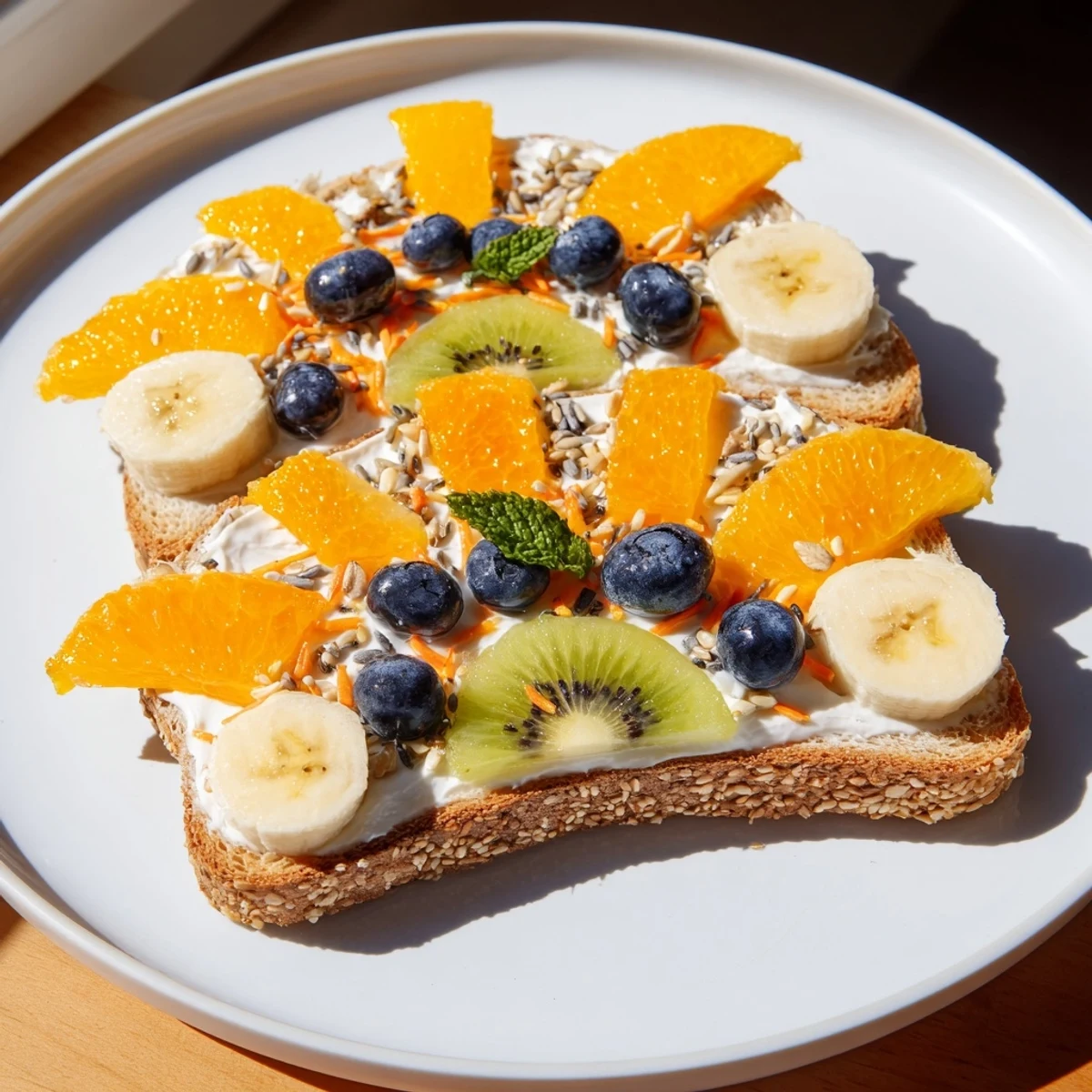 Beautifully decorated Morning Sun Breakfast Toast: vibrant fruit art on toasted whole-grain bread, delicious.