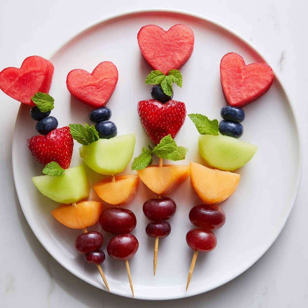 Vibrant Berry Good Heart Fruit Skewers offer a refreshing, colorful array of heart-shaped melon and berries.
