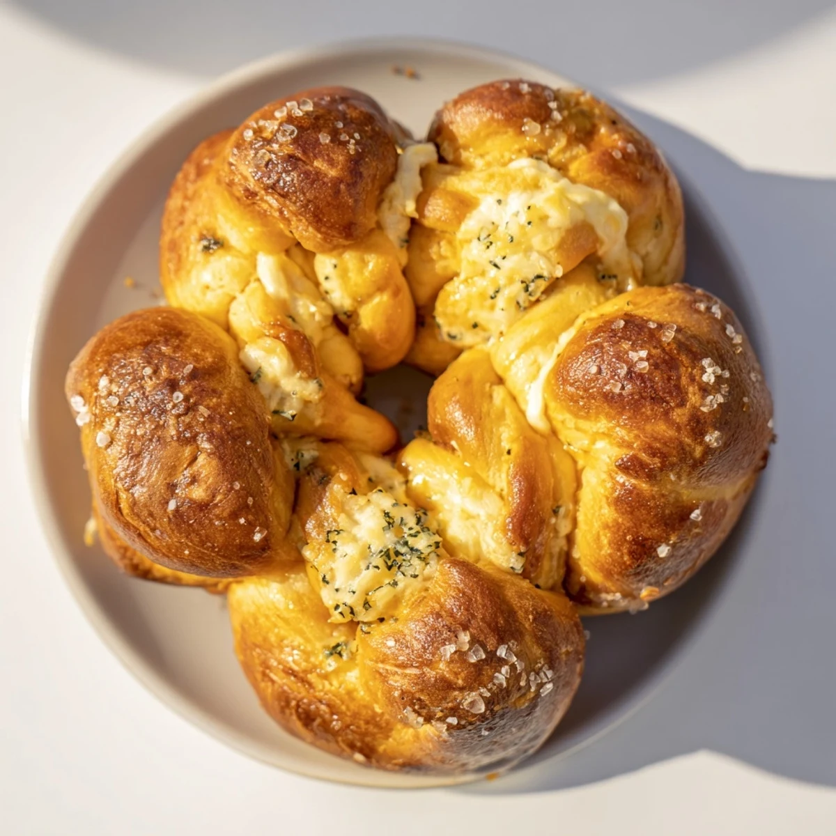 Golden-brown pretzel joy wreath appetizer ring with melted cheese, perfect for a cozy gathering.