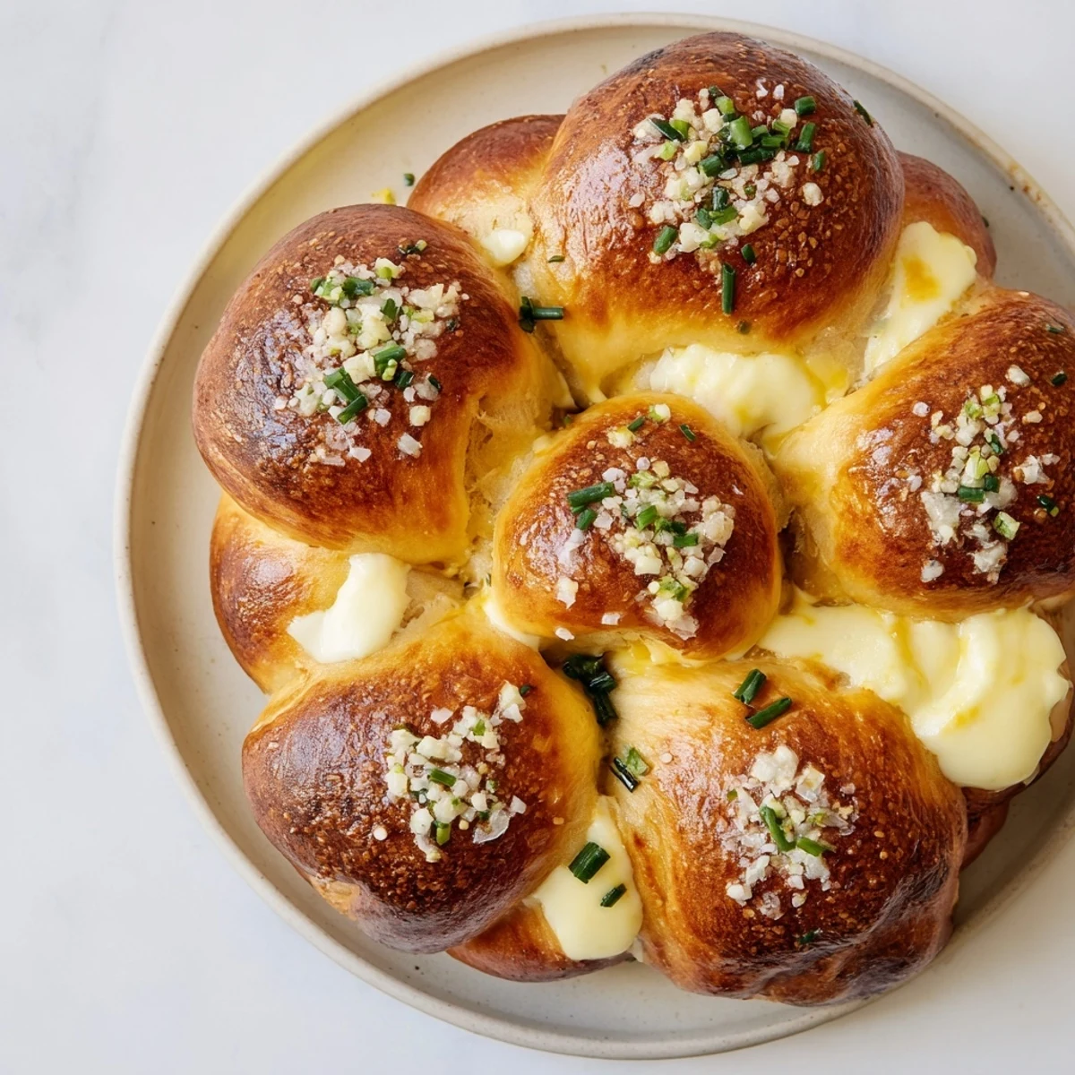 Pull-apart pretzel joy wreath appetizer, warm from the oven, with a creamy cheese center and parsley garnish.