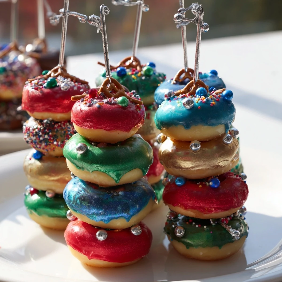 Festive Donut Stack Christmas Ornament Tower, a vibrant edible centerpiece with colorful glazed donuts ready to delight.