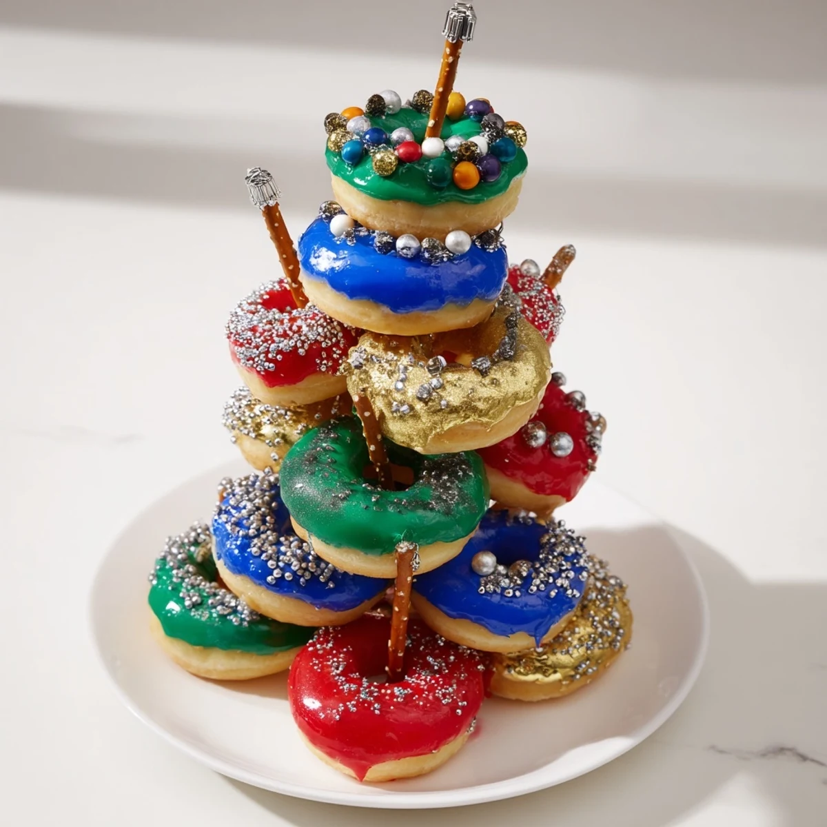 A close-up view of the Donut Stack Christmas Ornament Tower, showing sugared mini donuts in holiday colors.