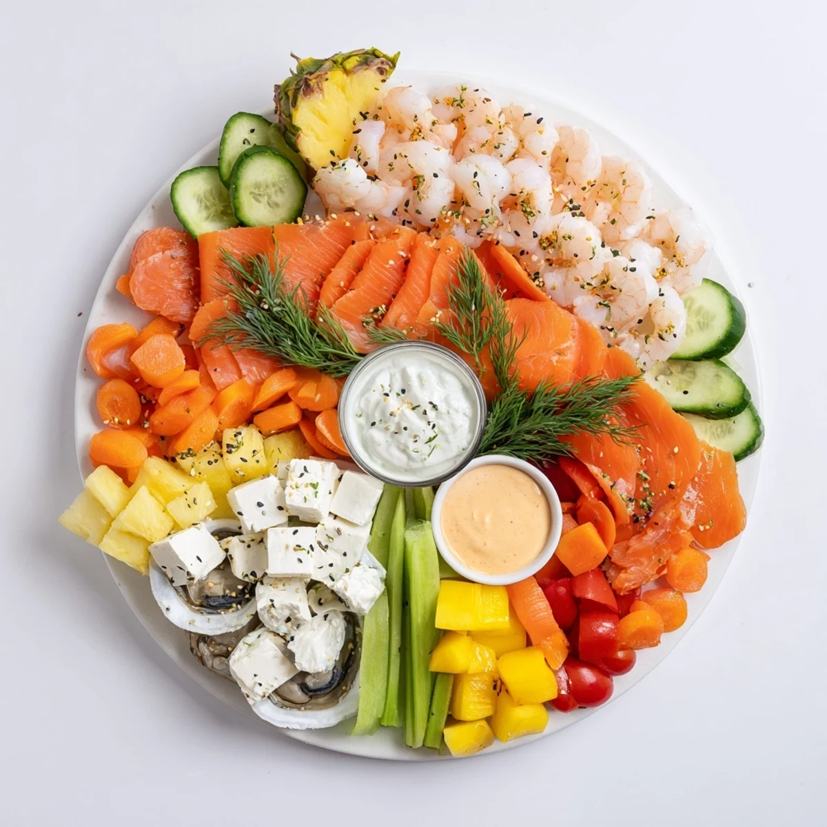 Vivid image of a Wave Rider Surfer Snack Board, overflowing with fresh shrimp, salmon, and crunchy snacks.