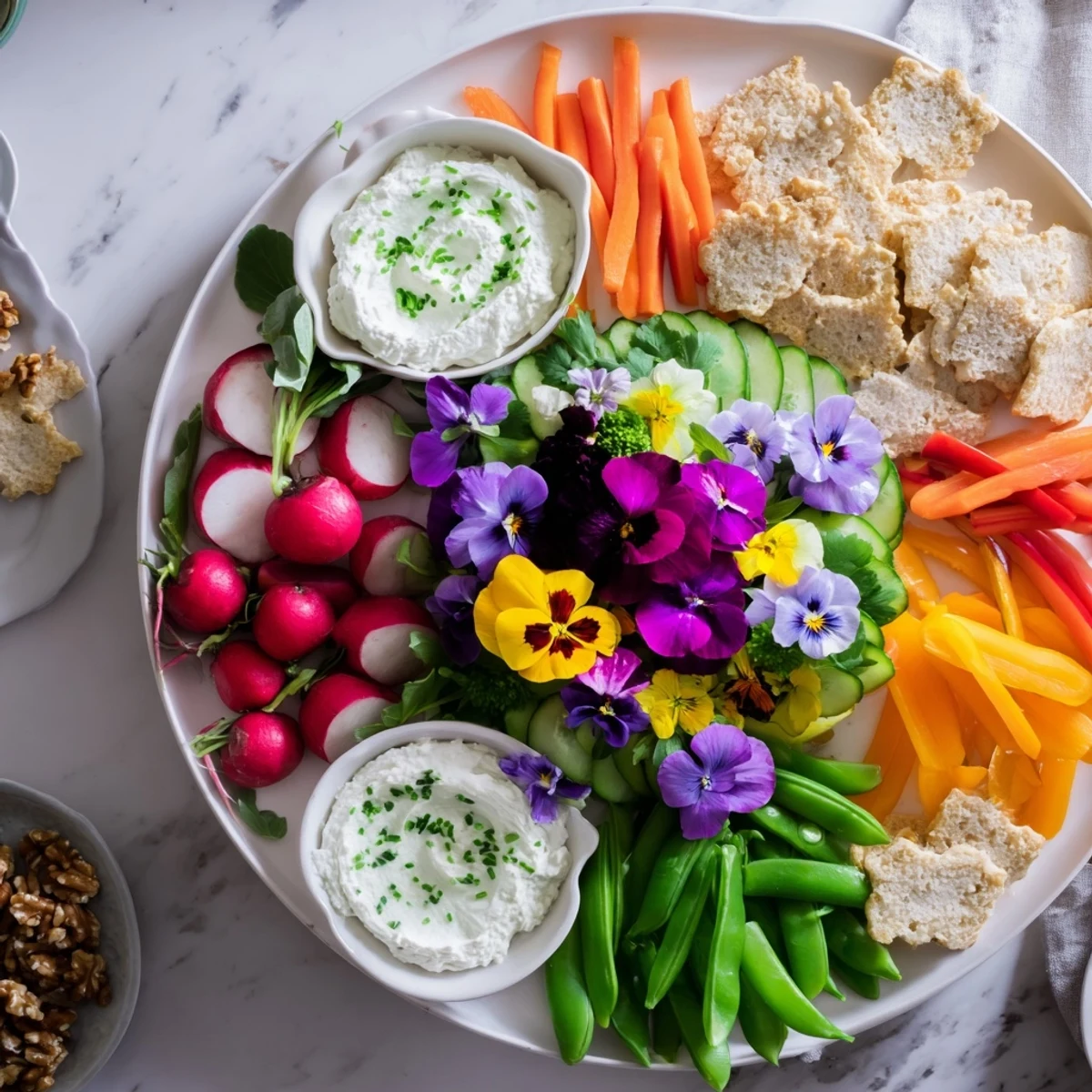 This colorful fairy garden platter showcases a beautiful array of fresh edible flowers and snacks.