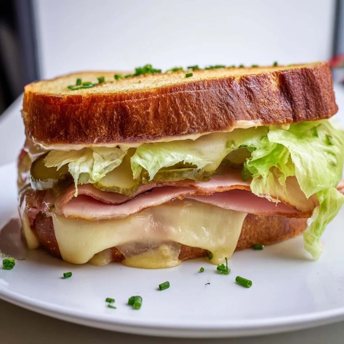 Festin du Château Royal sandwiches stacked high with ham, cheese, and fresh arugula, ready to eat.