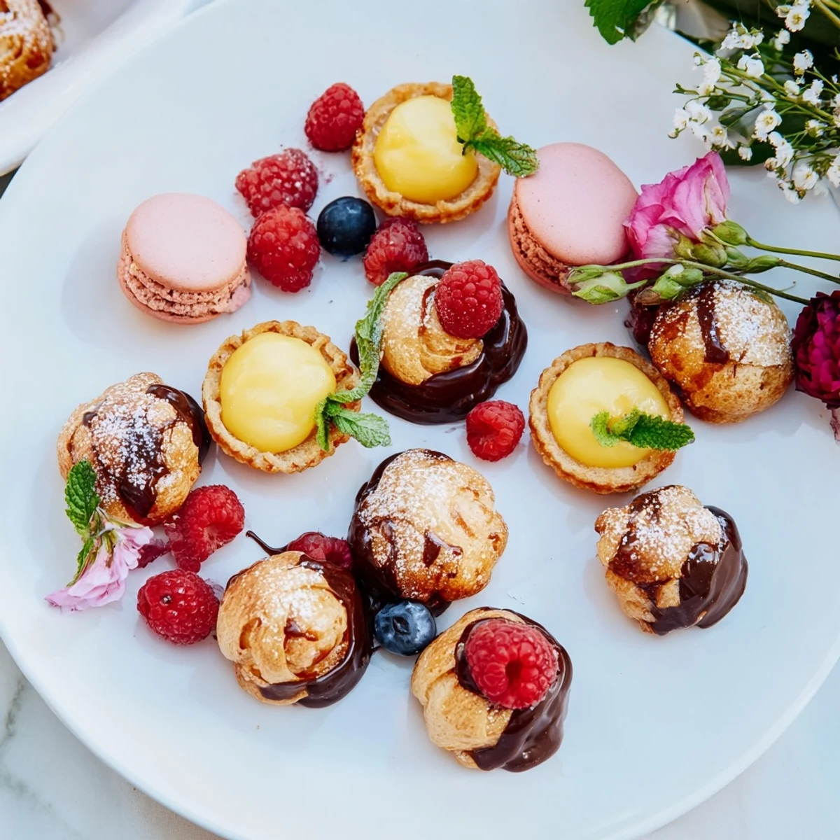 Elegant Montgolfière Dessert Platter featuring miniature French pastries, perfect for a special gathering.