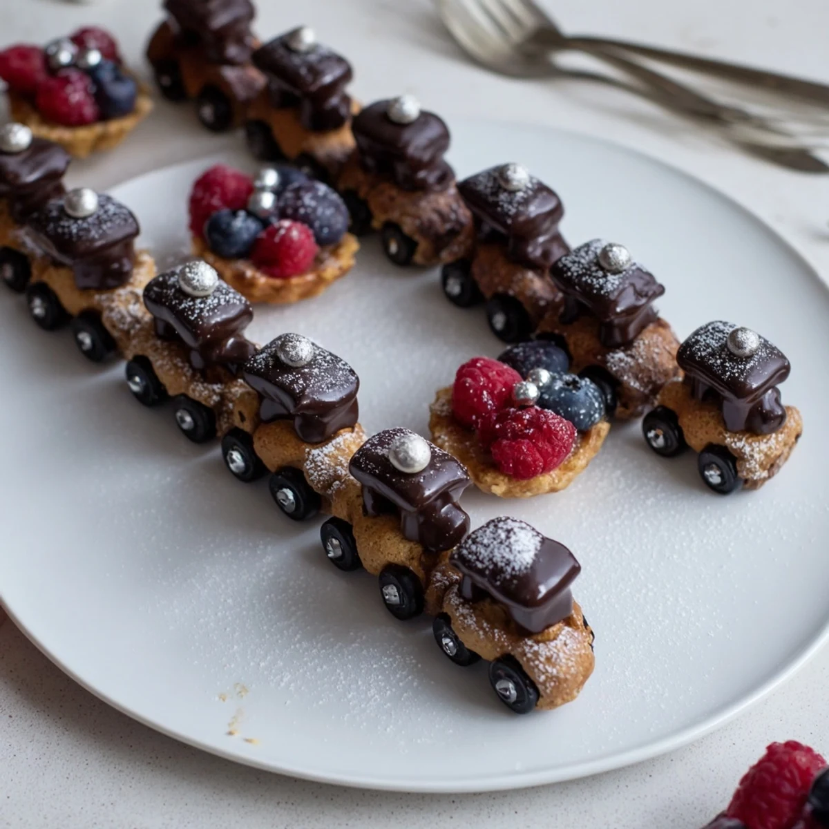 A picturesque "Piste de Train Mignardises," featuring tiny, delicious French-inspired treats arranged on a platter.