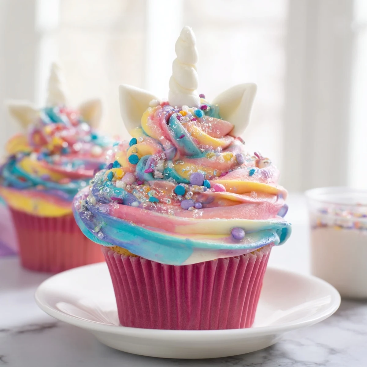 A vibrant Magical Unicorn Dessert Table overflowing with colorful cupcakes, cookies, and treats.