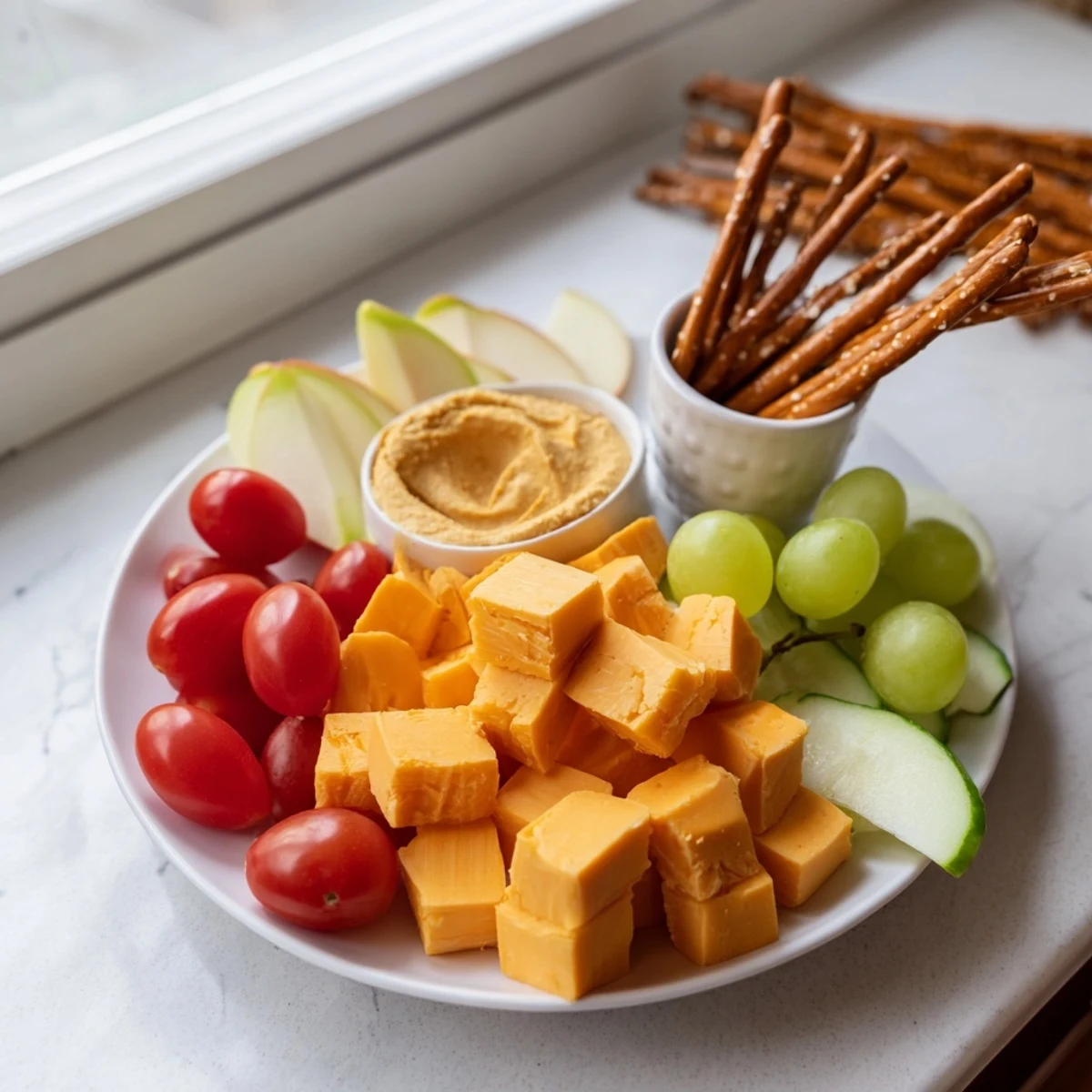 Road Trip Snack Platter overflowing with colorful veggies, cheese, meats, and crunchy treats, ready to eat!
