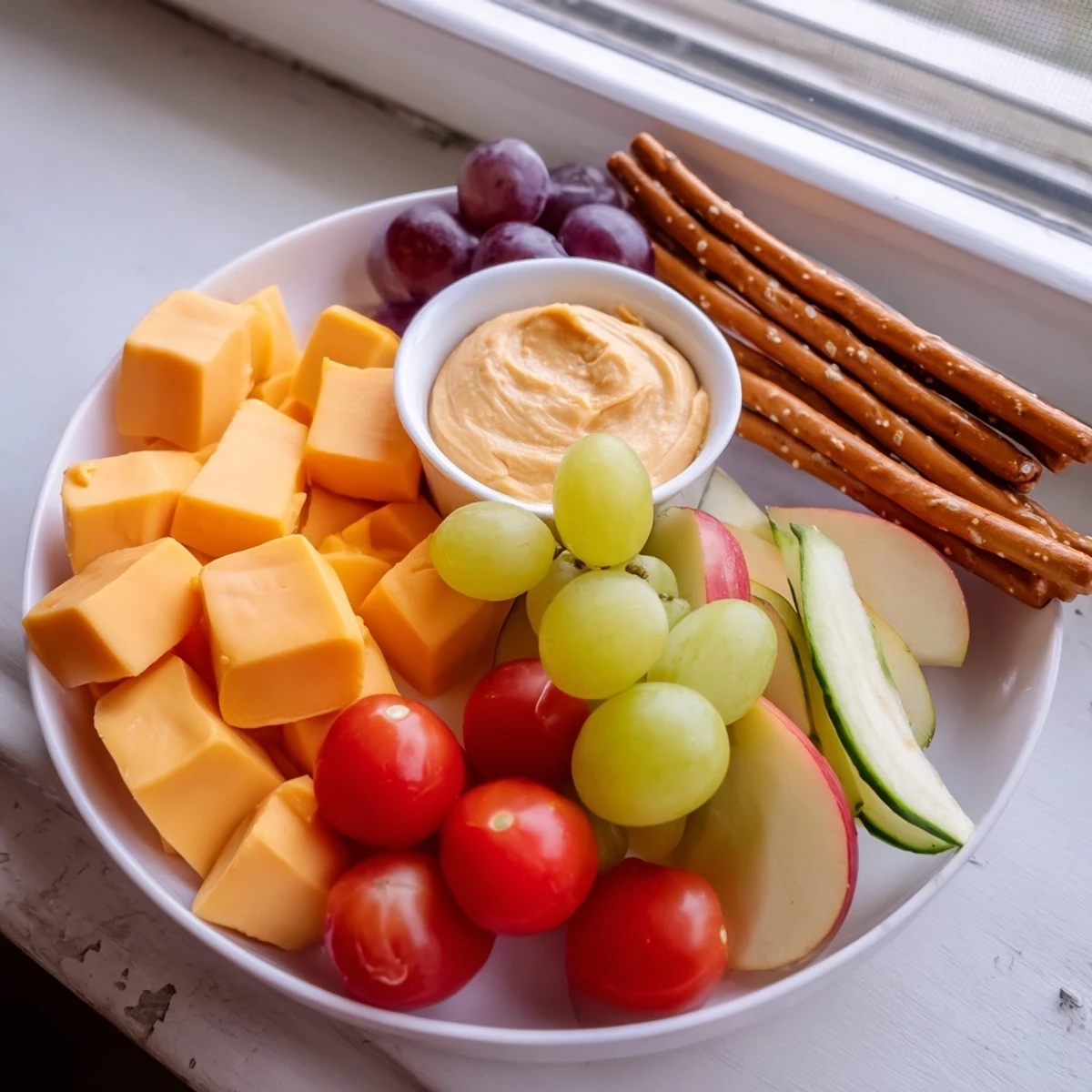 A tempting Road Trip Snack Platter showcases fresh grapes, crackers, cheese, and dark chocolate, perfect for travel hunger.