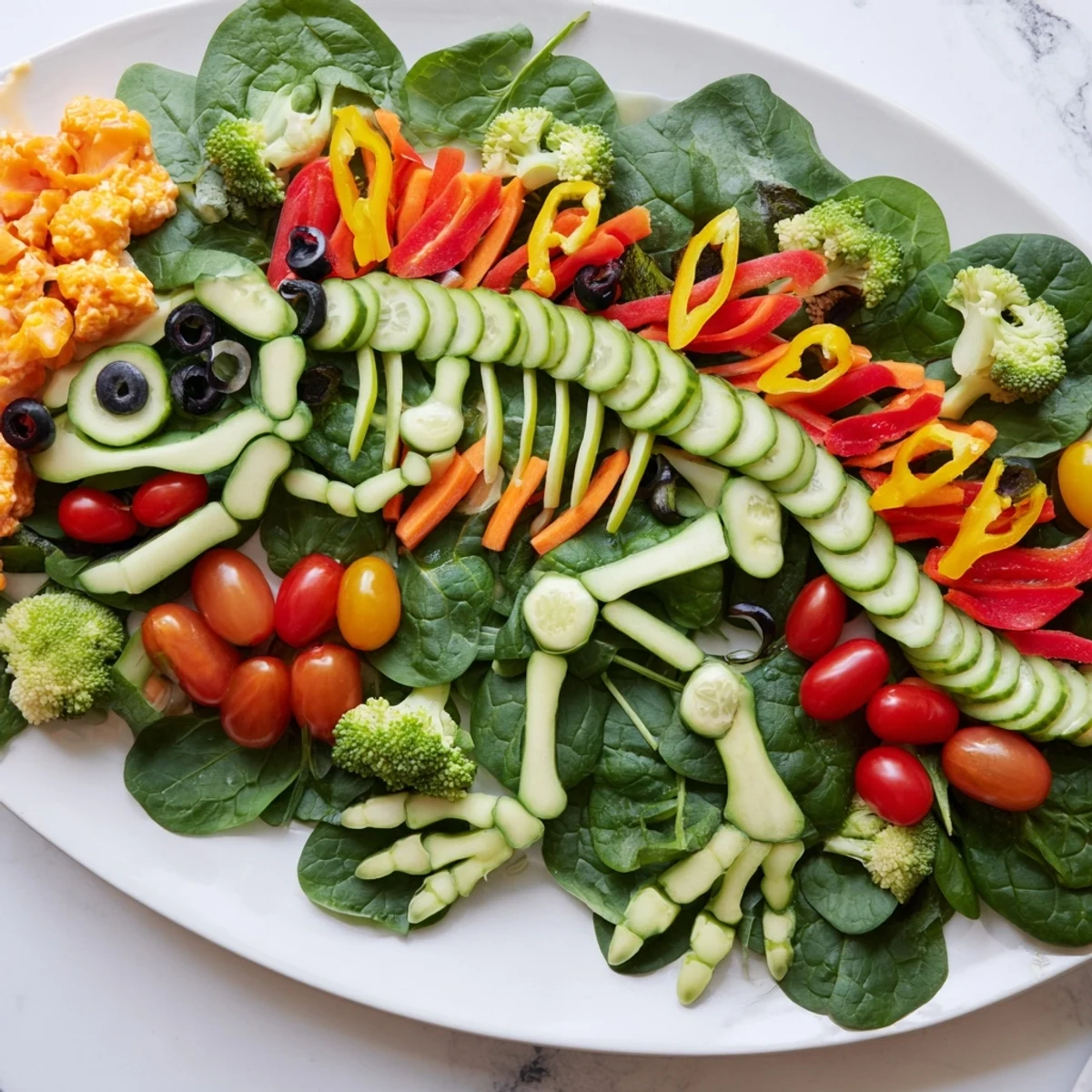 Freshly prepared T-Rex Fossil Crudités: a fun, healthy appetizer with a creamy ranch dip for dipping vegetables.