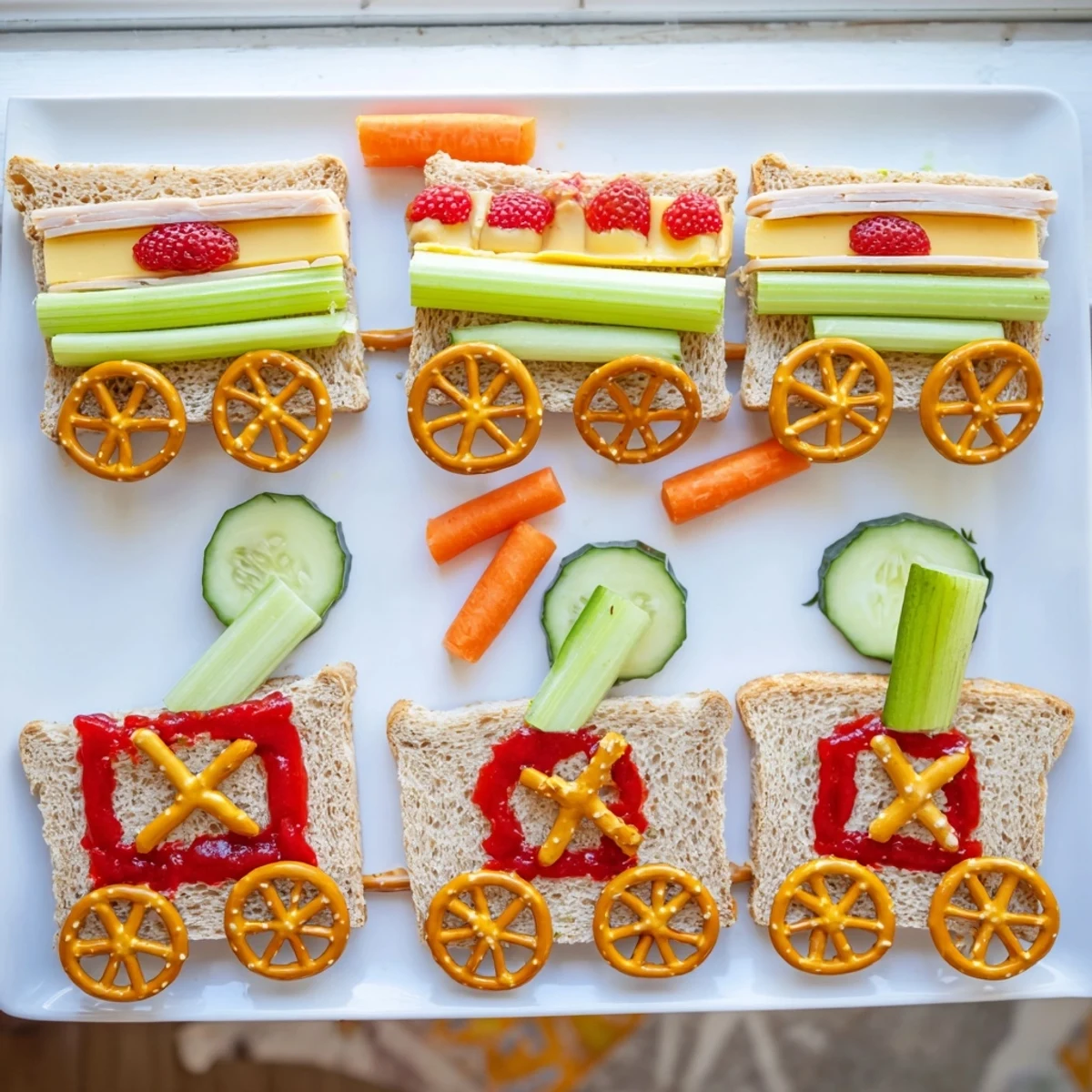 Eye-catching Train Track Sandwich Board: delicious, easy-to-make sandwiches and healthy vegetable snacks!