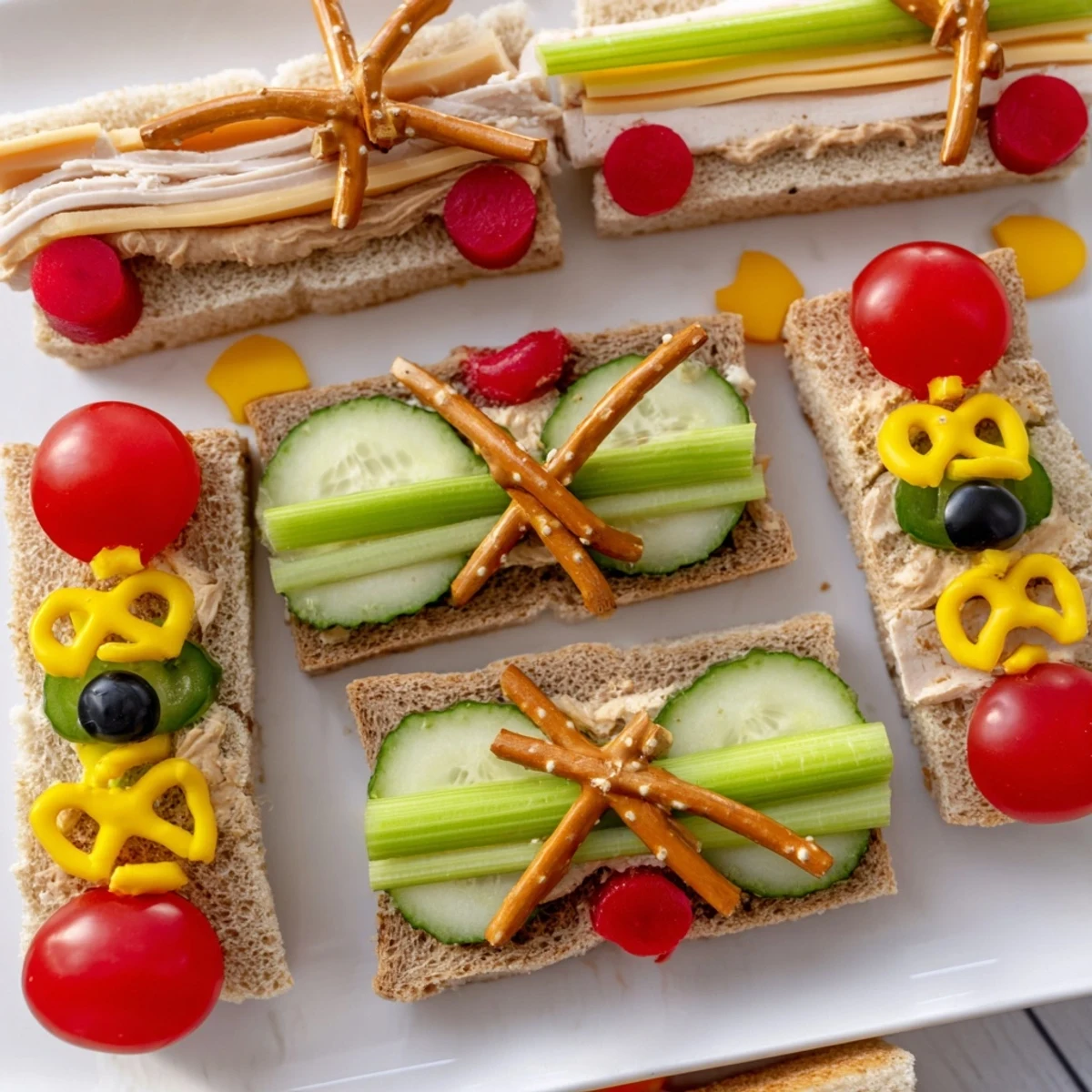 A fun Train Track Sandwich Board lunch with fresh veggies and peanut butter sandwiches.