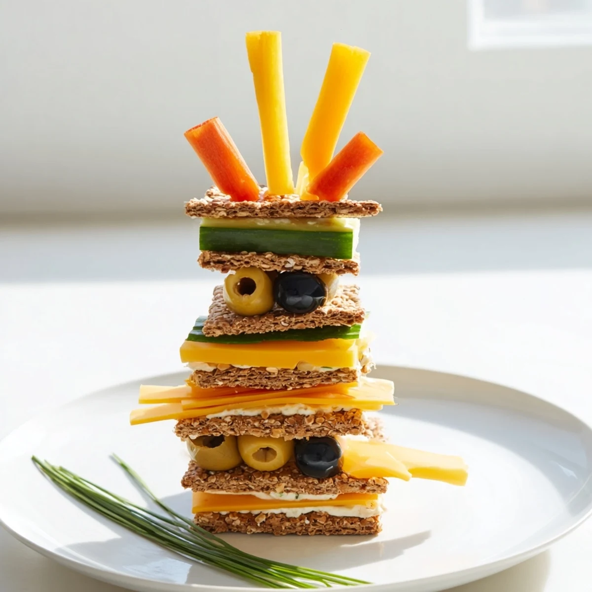 Giraffe Tall Cracker Stack: A playful, layered snack tower with cheese, cucumber, and colorful vegetables.