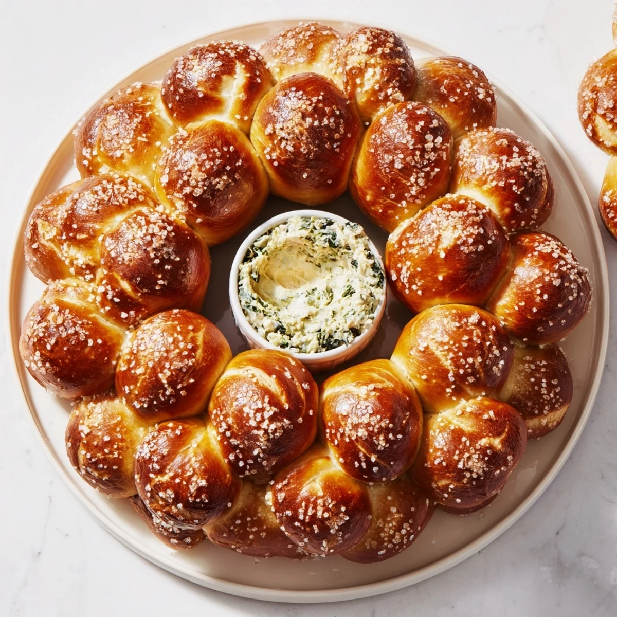 Soft pretzel bites arranged as a festive Pretzel Wreath Dip Ring, golden brown and ready to share.