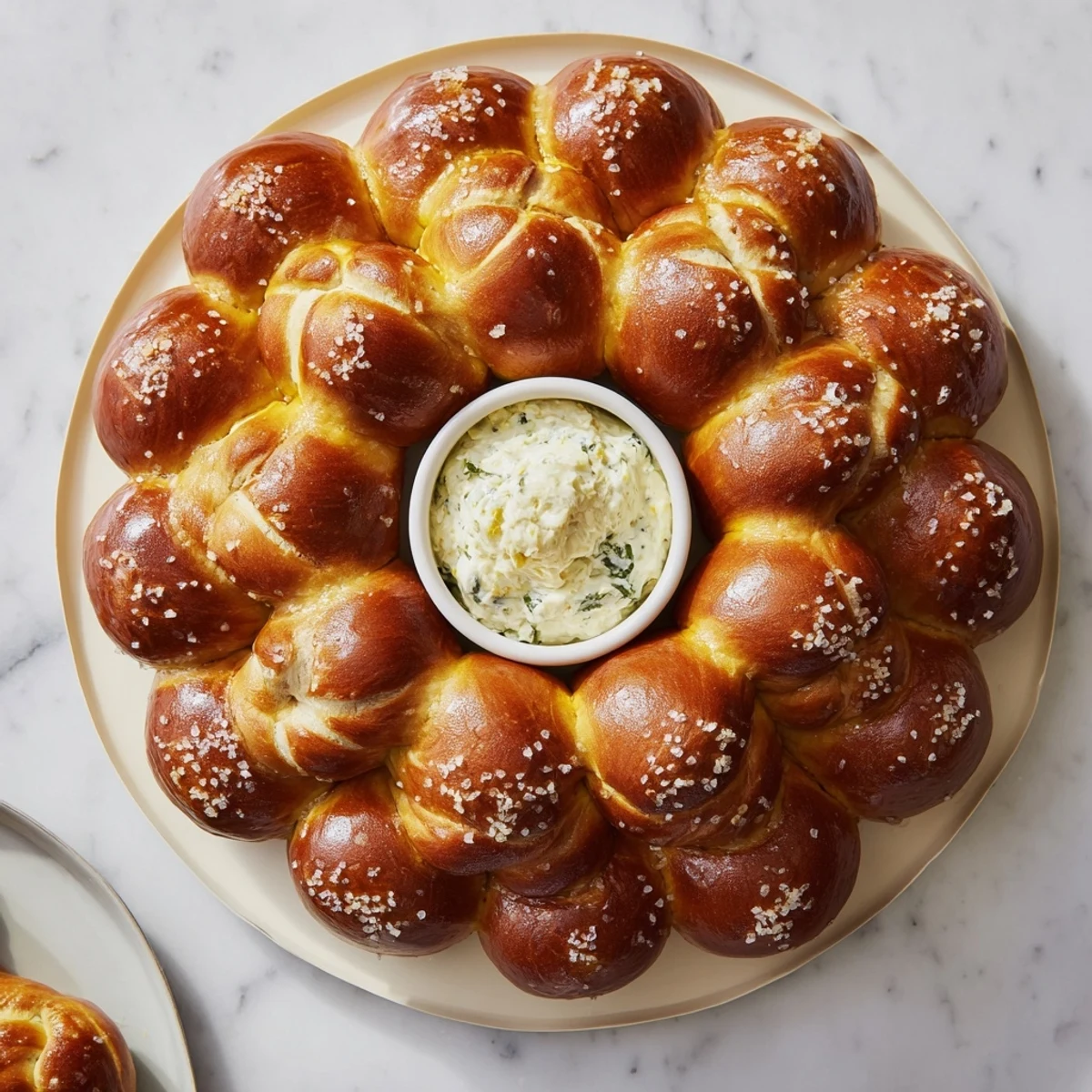 A close-up of a warm Pretzel Wreath Dip Ring, invitingly showcasing the creamy spinach dip.