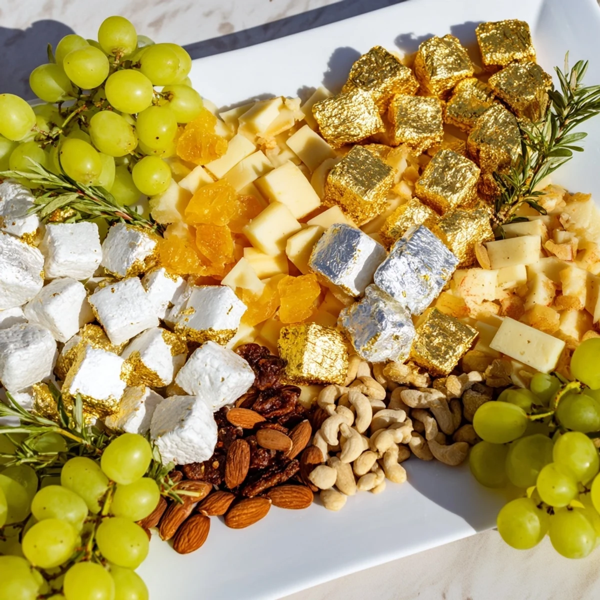 A stunning Gold and Silver Cheese Cube Board, displaying golden Gouda and silver manchego, ready to enjoy.