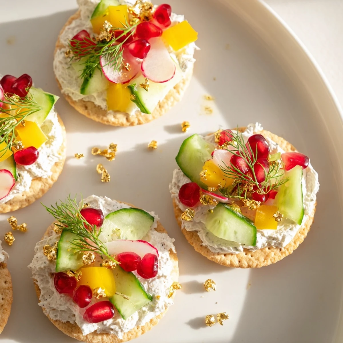 Festive ornament-shaped cracker toppings arranged with vibrant bell peppers, creamy cheese, and fresh herbs, ready to serve.