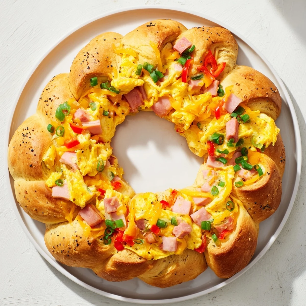 Golden-brown Wreath-Shaped Egg and Ham Bake, a savory brunch ready to slice and serve.