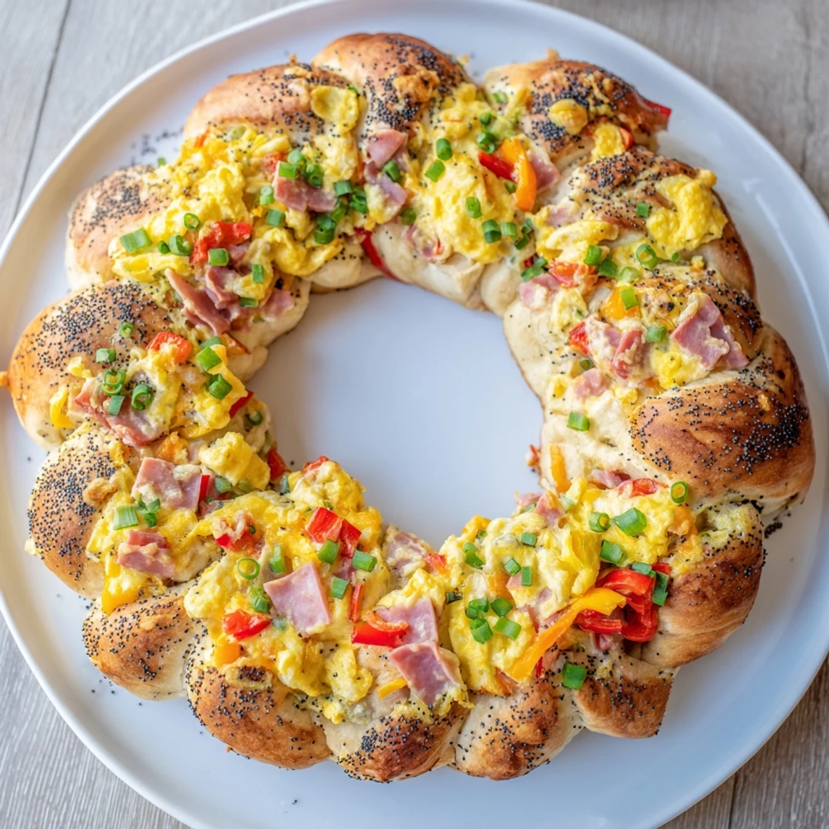 Fluffy scrambled eggs, ham, and cheese inside this Wreath-Shaped Egg and Ham Bake wreath, baked beautifully.