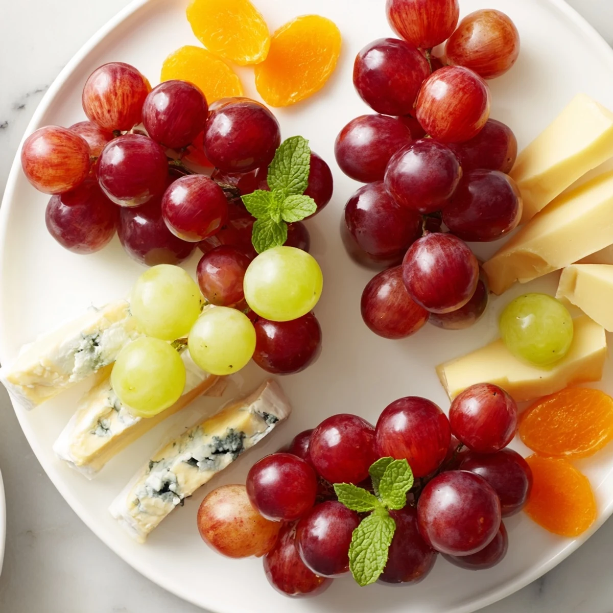 Vibrant Grapes of Fortune dessert board showcasing colorful grapes, cheeses, and delicious sweet treats.