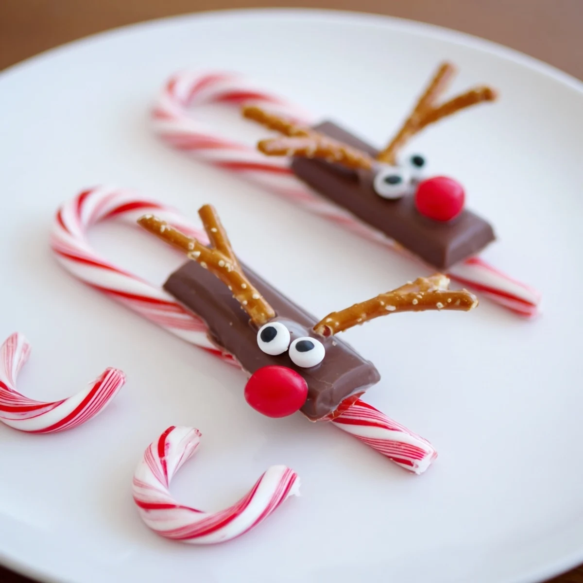 Vibrant Rudolph Candy Cane Sleds, a festive dessert, sit ready for Christmas celebrations, made with chocolate.