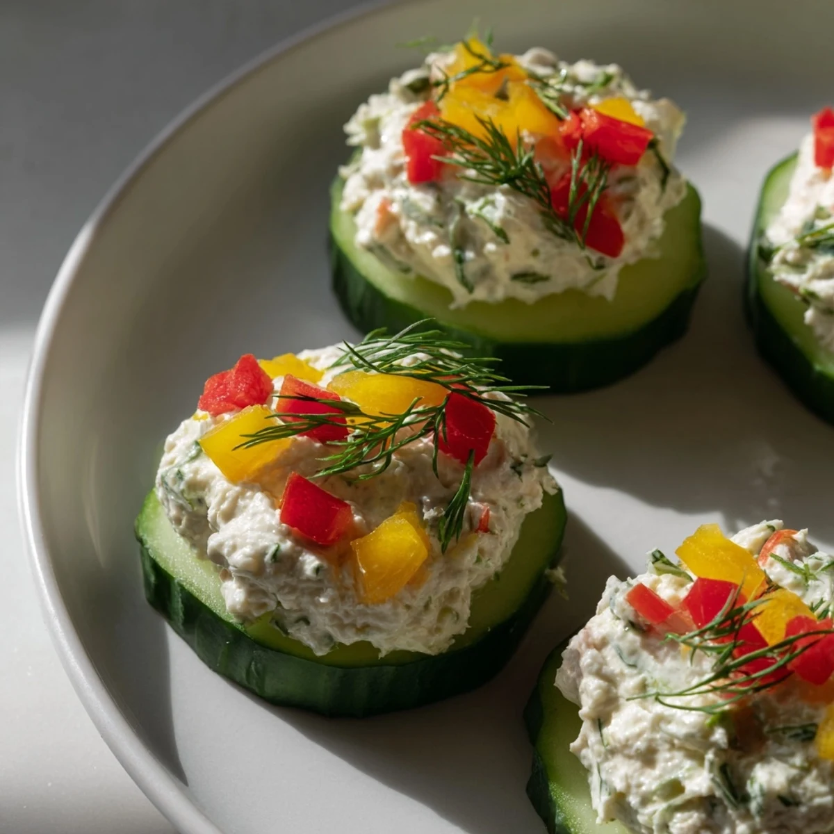 Holiday Star Cucumber Bites: Festive platter of cucumber bites garnished with colorful diced peppers.