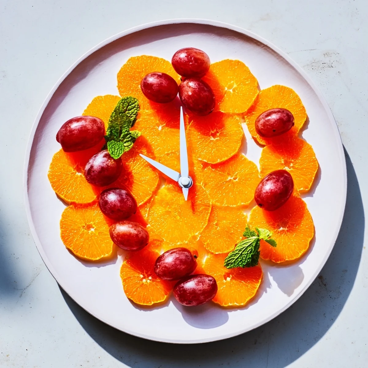 Clock face made with juicy orange slices and sweet grapes, a refreshing and colorful brunch platter.