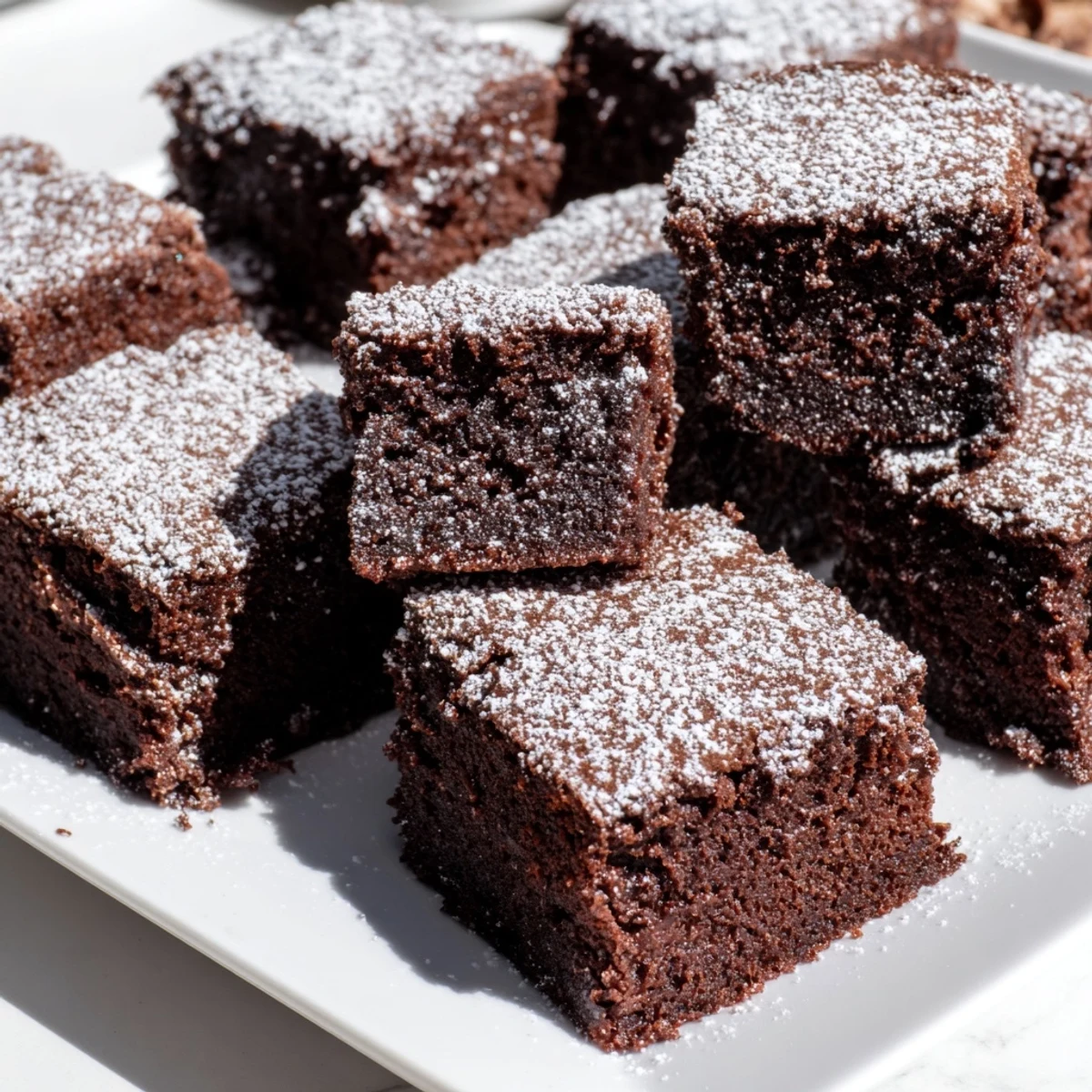 Warm, fudgy brownie squares dusted with powdered sugar, an irresistible dessert recipe.