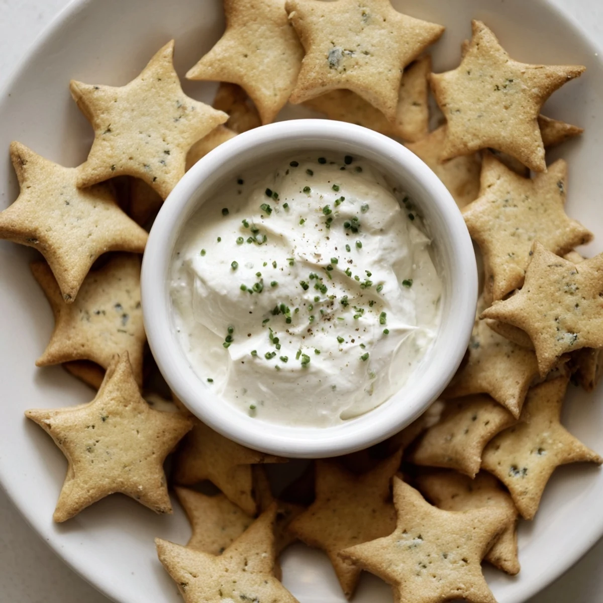 Star-shaped Holiday Crackers, freshly baked and ready to dip into a flavorful, vibrant cream cheese.