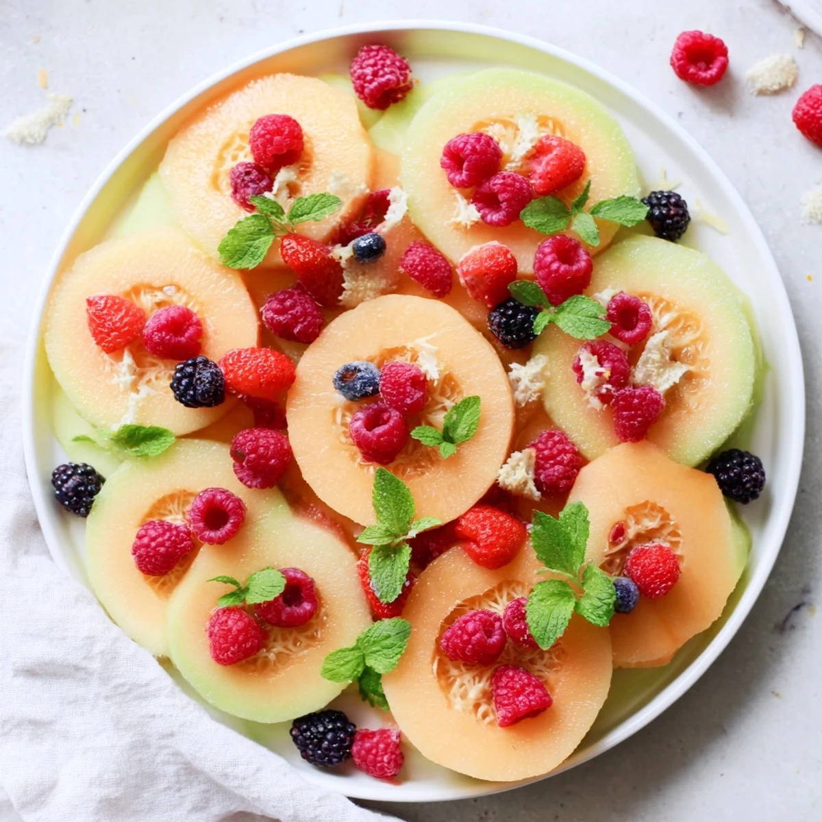 Vibrant fruit platter: concentric circles of juicy melon and fresh berries, a summer treat.