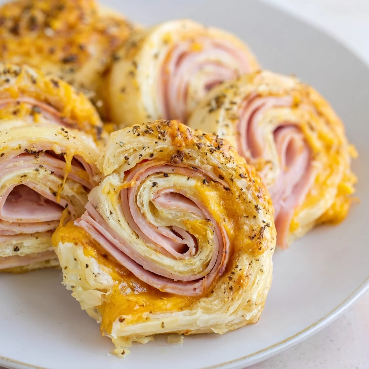 Golden-brown Savory Ham and Cheese Pinwheel Rolls fresh from the oven, ready to enjoy.
