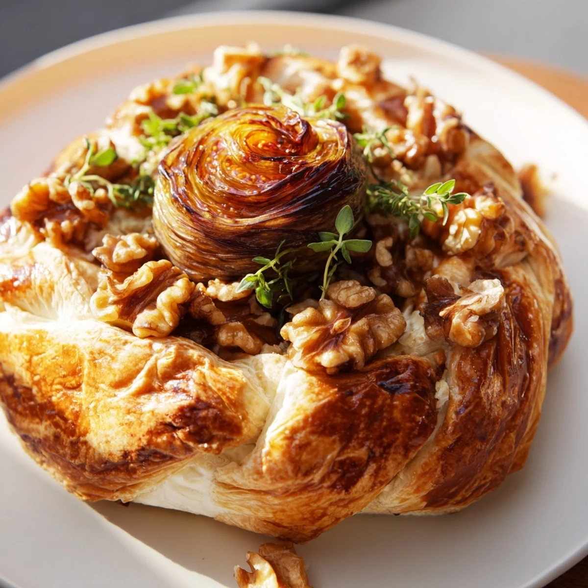 Golden-brown Baked Brie with fig jam swirl, a warm, melty appetizer for sharing.